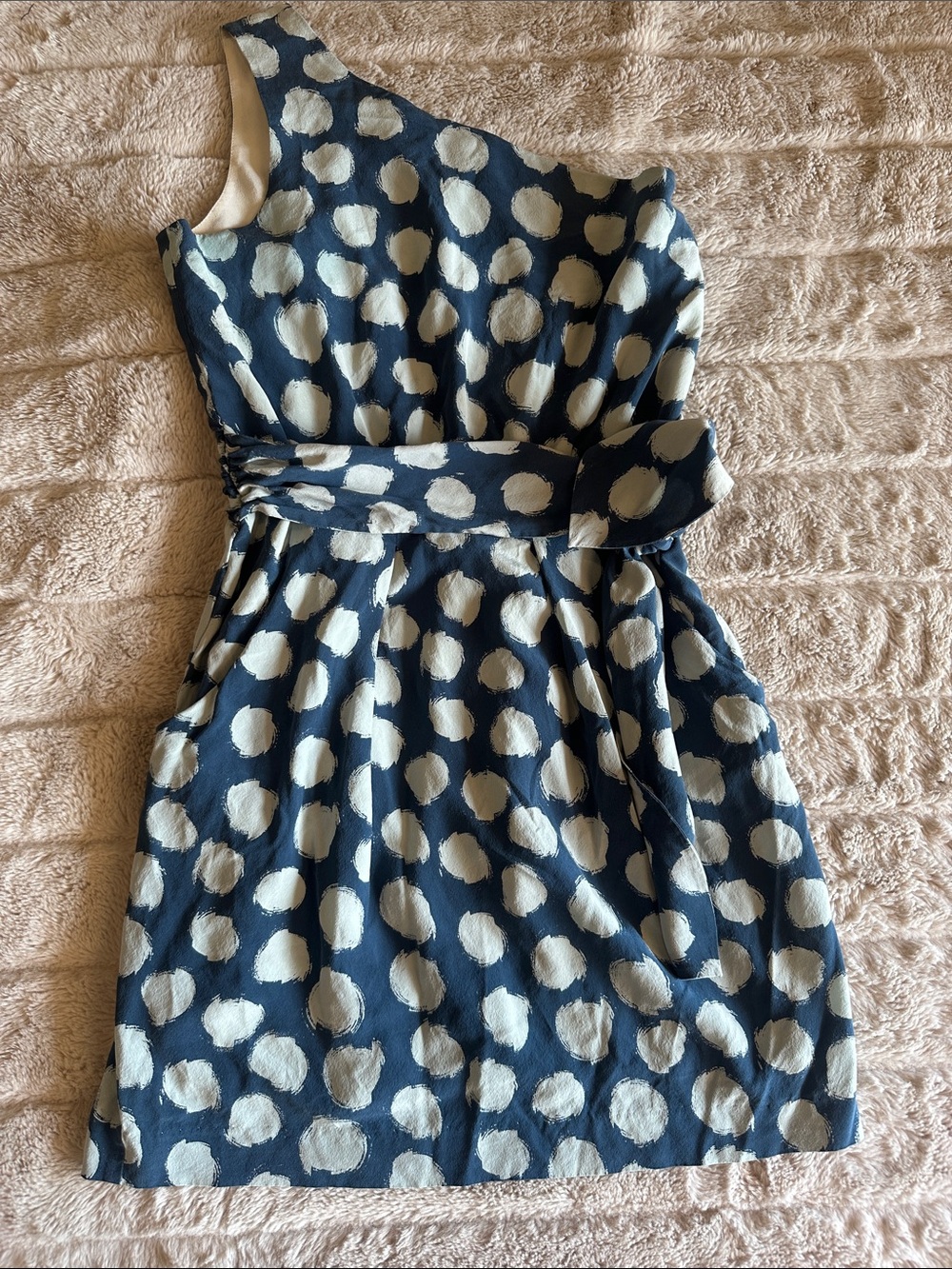 Theory Navy and Cream Polka Dot One-Shoulder Dress